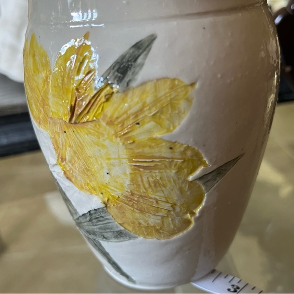 Artisan Signed Pottery Vase Leaf Flower Relief Botanical Art - Picture 3 of 11